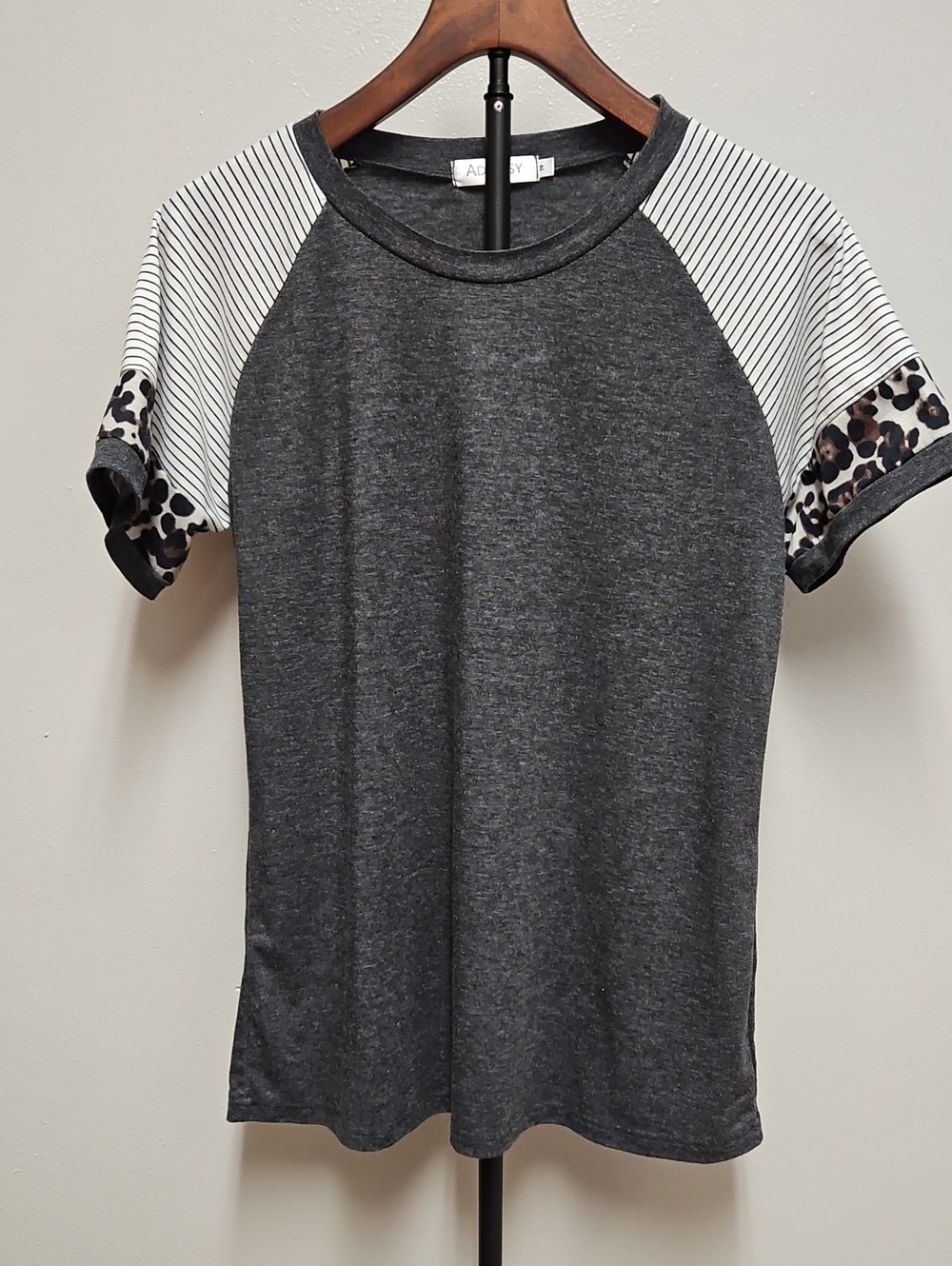 Charcoal Raglan Tee with Striped Shoulders and Leopard Cuffs
